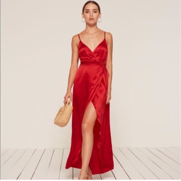 Reformation 100% Silk Getty Red Wrap Dress - Picture 2 of 11